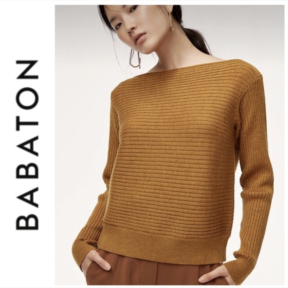 Babaton Aritzia marino wool ribbed scooped neck orange sweater size XS